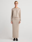 Women's Premium Button Up Cashmere Cardigan Top in Beige I Front View