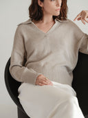 Women's Quaint Polo Pullover - Chic V-Neck Collar Ribbed Top Dress in Taupe | Closer View