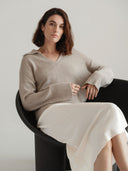 Women's Quaint Polo Pullover - Chic V-Neck Collar Ribbed Top in Taupe | Front View