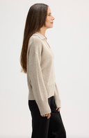 Women's Quaint Polo Pullover Sweater - Chic V-Neck Collar Ribbed Dress in Taupe | Side View