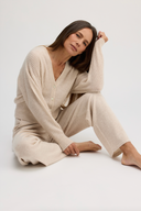 Women's Ribbed Cashmere Cardigan Sweater: Slim Fit & Soft Texture in Oatmeal | Closer View