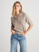 Women’s Short Sleeve Cashmere Polo Top in Heather Brown I Front View