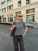 Women's Short Sleeve Cashmere Pullover Shirt in Heather Grey I Front View