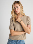 Women's Short Sleeve Cashmere Pullover Shirt in Taupe  I Front View