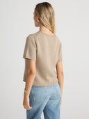 Women's Short Sleeve Cashmere Pullover Shirt in Taupe  I Side View