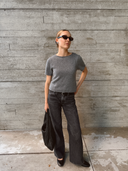 Women's Short Sleeve Cashmere Pullover Top in Heather Grey I Front View