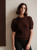 Women's Short Sleeve Cashmere Sweater in Dark Brown | Front View
