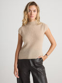 Women's Short Sleeve Mock Neck Cashmere Tee in Beige | Front View