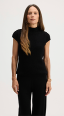 Women's Short Sleeve Mock Neck Cashmere Tee in Black | Front View
