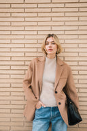 Women's Short Sleeve Mock Neck Cashmere Dress in Beige | Front View