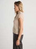 Women's Short Sleeve Mock Neck Cashmere Top in Beige | Side View