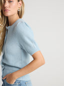 Women's Short Sleeve Puff  Button-front Sweater Top in Baby Blue Color I Side View