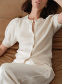 Women's Short Sleeve Puff  Button-front Sweater in Ivory Color I Front View
