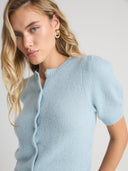 Women's Short Sleeve Puff Cardigan Top in Light Blue Color I Closer View
