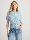 Women's Short Sleeve Puff Cardigan in Light Blue Color I Front View
