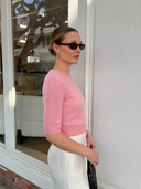 Women's Short Sleeve Silk Cashmere Blend Sweaters Dress in Tea Rose| Side View