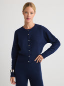 Women's Silk Cashmere Cardigan Button Up Sweater  in Navy Blue | Front View