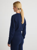 Women's Silk Cashmere Cardigan Button Up Top  in Navy Blue | Side View