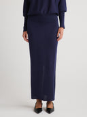 Women's Silk Cashmere Slip Skirt Outfit: Luxury Weightless Drape in Navy | Front View