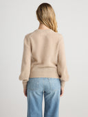 Women's Soft Brushed V Neck Cashmere Balloon Sleeve Cardigan Dress in Jute I Back View