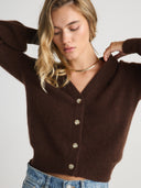 Women's Soft Brushed V Neck Cashmere Balloon Sleeve Cardigan in Dark Brown I Front View
