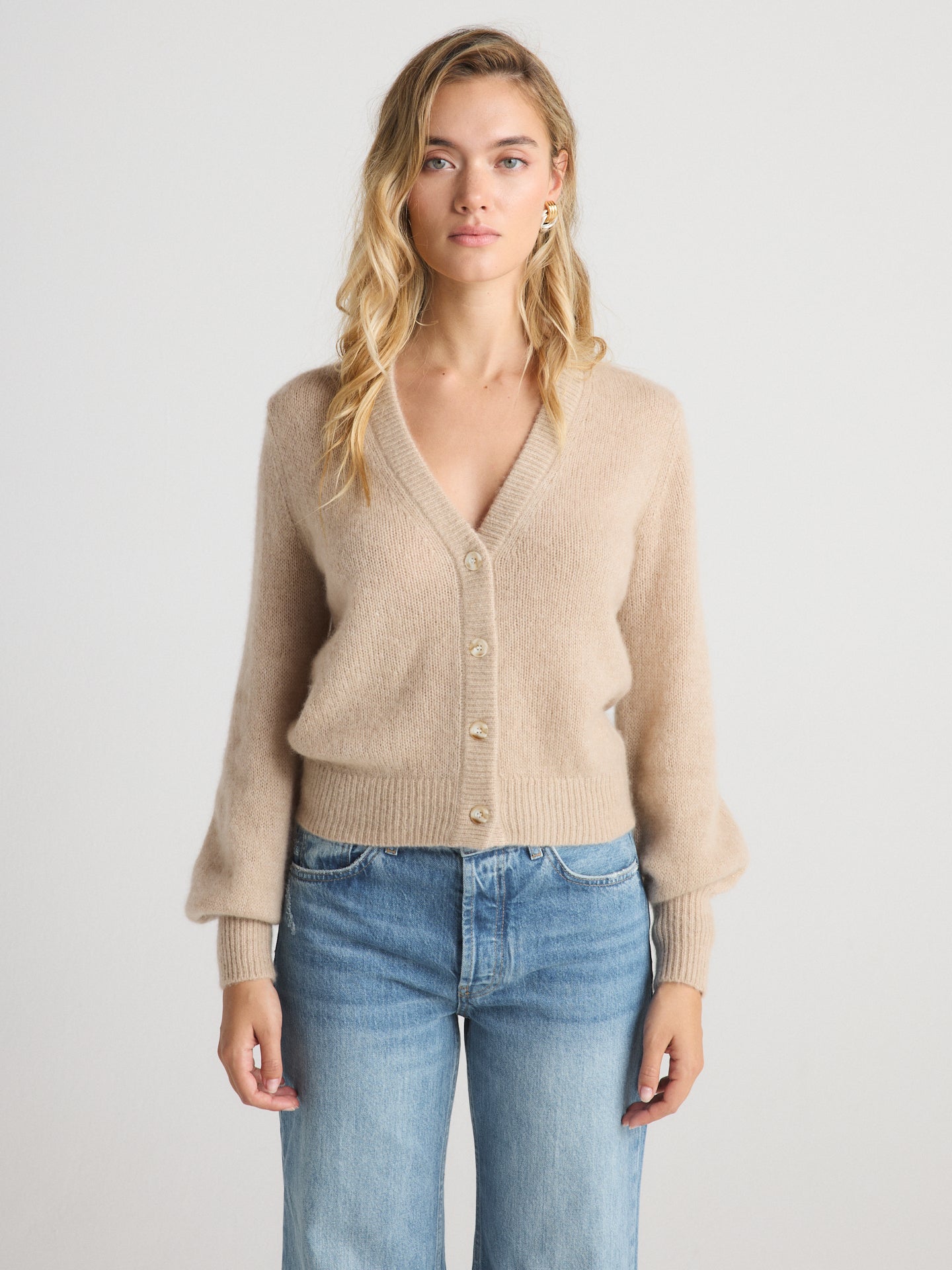 Women's Brushed V Neck Cashmere Balloon Sleeve Cardigan Sweater in