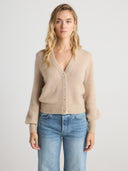 Women's Soft Brushed V Neck Cashmere Balloon Sleeve Cardigan in Jute I Front View