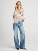 Women’s Soft Cable Knit Cashmere Open Polo Cardigan in Oatmeal I Front View