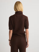 Women's Soft Cashmere Short Sleeves Turtleneck Sweater Dress in Dark Brown I Back View