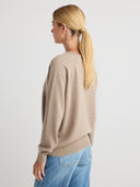 Women's V Neck Cashmere Drop Shoulder Cardigan in Taupe I Side View
