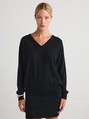 Women's V Neck Cashmere Drop Shoulder Sweater in Black I Front View