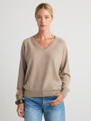Women's V Neck Cashmere Drop Shoulder Sweater in Taupe I Front View