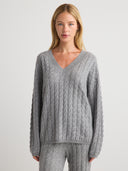Women's V Neck Cashmere Long Sleeve Sweater in Grey I Front View