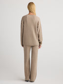 Women's V Neck Cashmere Long Sleeve Sweater in Taupe I Back View