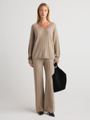 Women's V Neck Cashmere Long Sleeve Sweater in Taupe I Front View