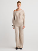 Women's Wide Leg Premium Silk Cashmere Sweatpants Outfit In Taupe I Front View