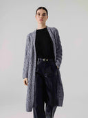 billow-silk-cashmere long cable knit cardigan with open front and textured knit pattern