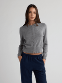 FREYA women's cashmere cardigan in Heather Grey with delicate lace trim