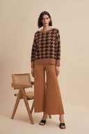 Luxury Women's Premium Houndstooth Knit Loungewear Cashmere Sweater Jumper in Camel | Front  View