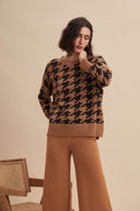 Luxury Women's Premium Knit Houndstooth Loungewear Cashmere Sweater in Camel | Front  View