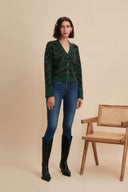 Women's Animal Print Cashmere Cardigan   Dress: Luxury Leopard Knit in Green | Front View