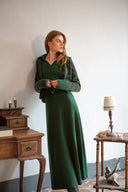 Women's Animal Print Cashmere Cardigan Luxury Leopard Knit Top in Green | Front View