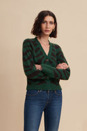 Women's Animal Print Cashmere V Neck Cardigan Dress: Luxury Leopard Knit in Green | Front View