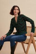 Women's Animal Print Cashmere V Neck Cardigan: Luxury Leopard Knit in Green | Front View