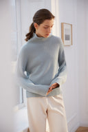 Women's Cashmere Mock Neck Sweater in Pale Blue - 100% Pure Premium Knitwear | Front View