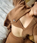 Women's Collared Short Sleeve Cashmere Striking Knit Polo Top in Camel | Front View