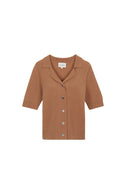 Women's Collared Short Sleeve Cashmere Striking Knit Polo Top in Camel | Product View