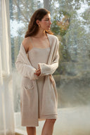 Women's Long Cashmere Midi Open Cardigan Knit in Heather Brown | Front Side View