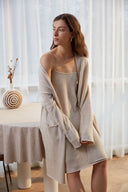 Women's Oversized Cashmere Midi Open Cardigan Knit with Open-front Design and Bold Oversized Pockets in Heather Brown | Front Side View